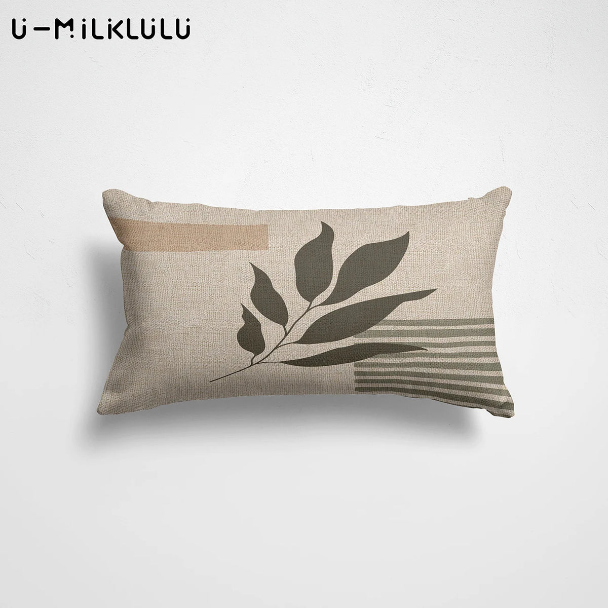housse coussin motif feuilles moderne 30x50cm beige gris marronclair rosepâle