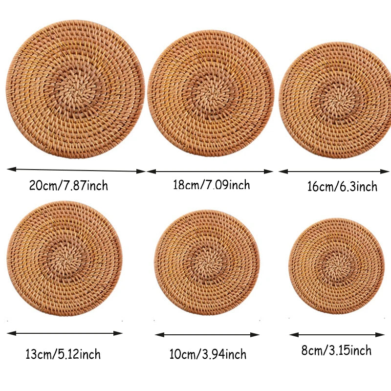 coasters tressés naturels traditionnels bois 8x8cm 10x10cm 13x13cm 16x16cm 18x18cm 20x20cm 6pcs