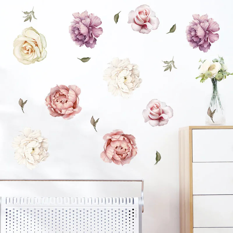 sticker mural fleur pivoine rose blanc romantique naturel adhésif chambre salon décoration moderne