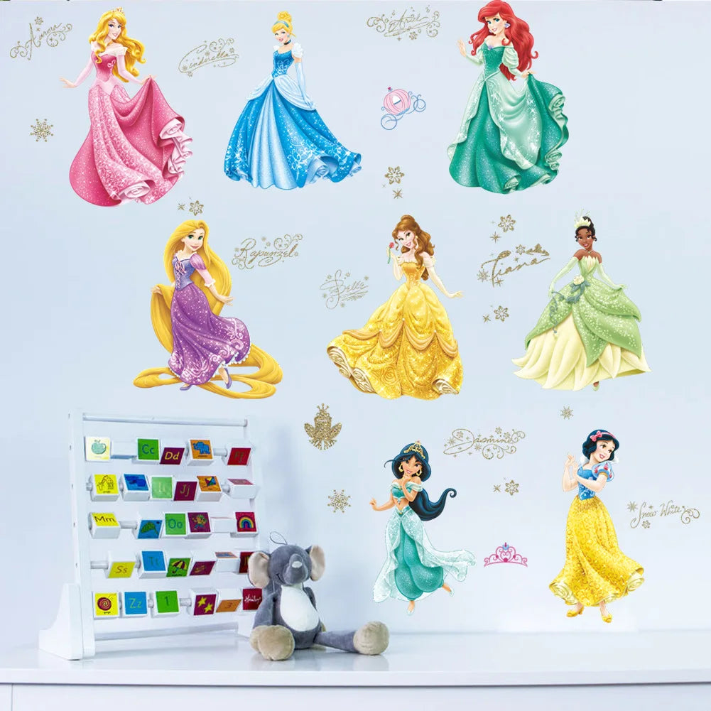 Stickers muraux princesses Disney élégantes rose bleu vert chambre enfant illustration PVC