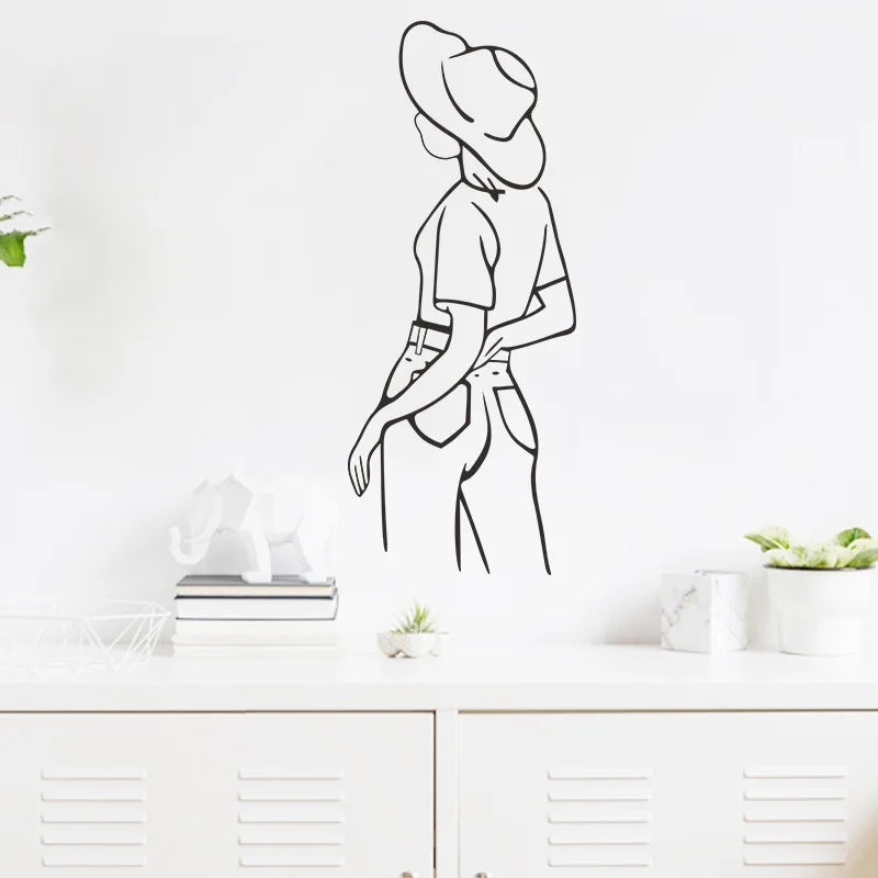 décoration murale adhésive sticker féminin silhouette chapeau noir blanc minimaliste moderne