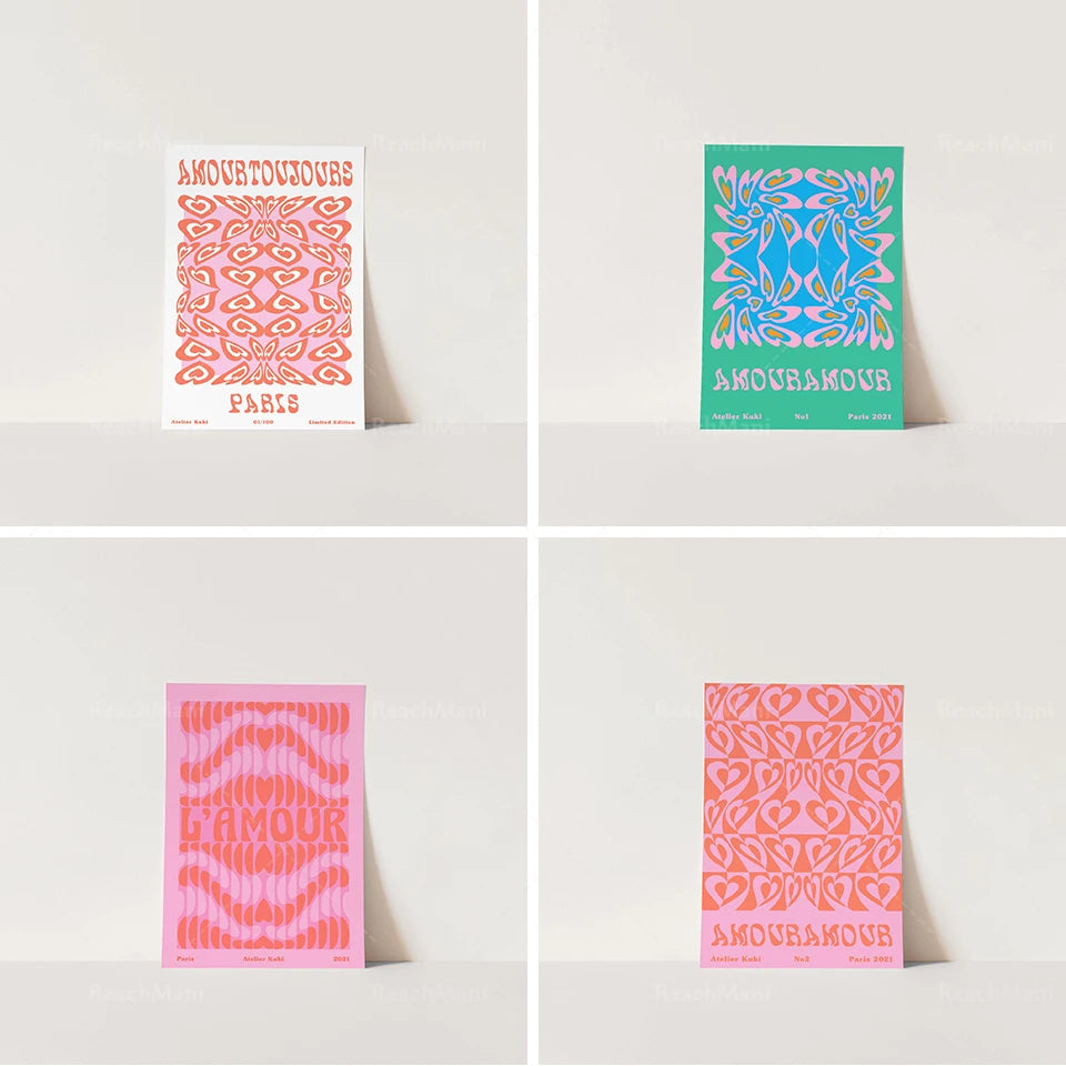 Ensemble coloré et géométrique d'affiches modernes avec des motifs et des formes abstraites dans des tons vifs.