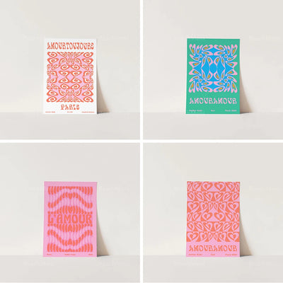 Ensemble coloré et géométrique d'affiches modernes avec des motifs et des formes abstraites dans des tons vifs.