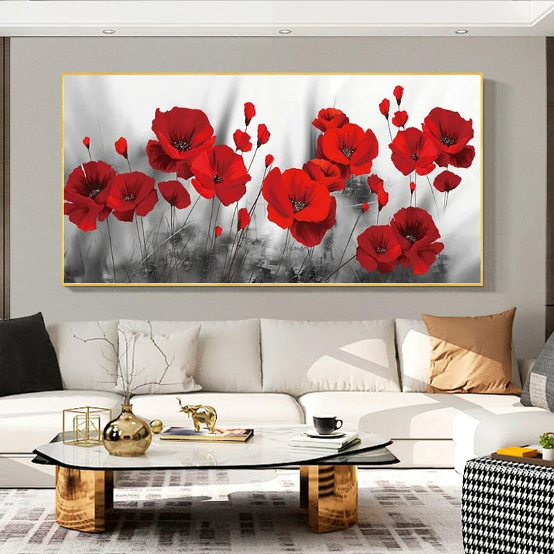 toile d'art moderne fleurs rouges fond noir blanc décoration mur horizontale sans cadre imperméable