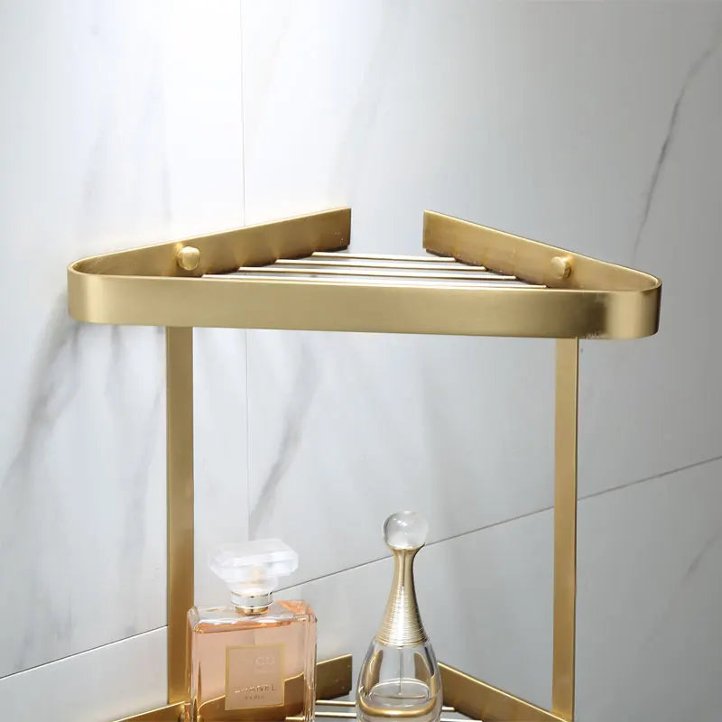 étagère salle bain dorée moderne deux niveaux fixations bouteilles parfum pot crème porte savon