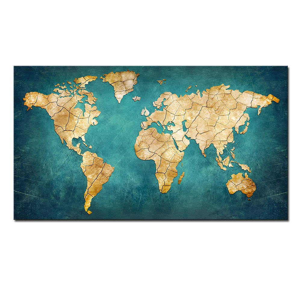 impression toile carte monde bleu moderne décoration intérieure salon chambre enfant affiche horizontal vieilli