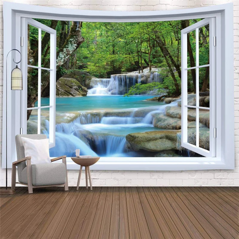 tapisserie murale paysage plage coucher soleil cascade verte moderne blanche bleue chambre décoration