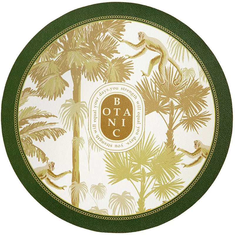 placemat rond vert blanc doré palmiers singes botanics assiette fourchette pain verre vin livre