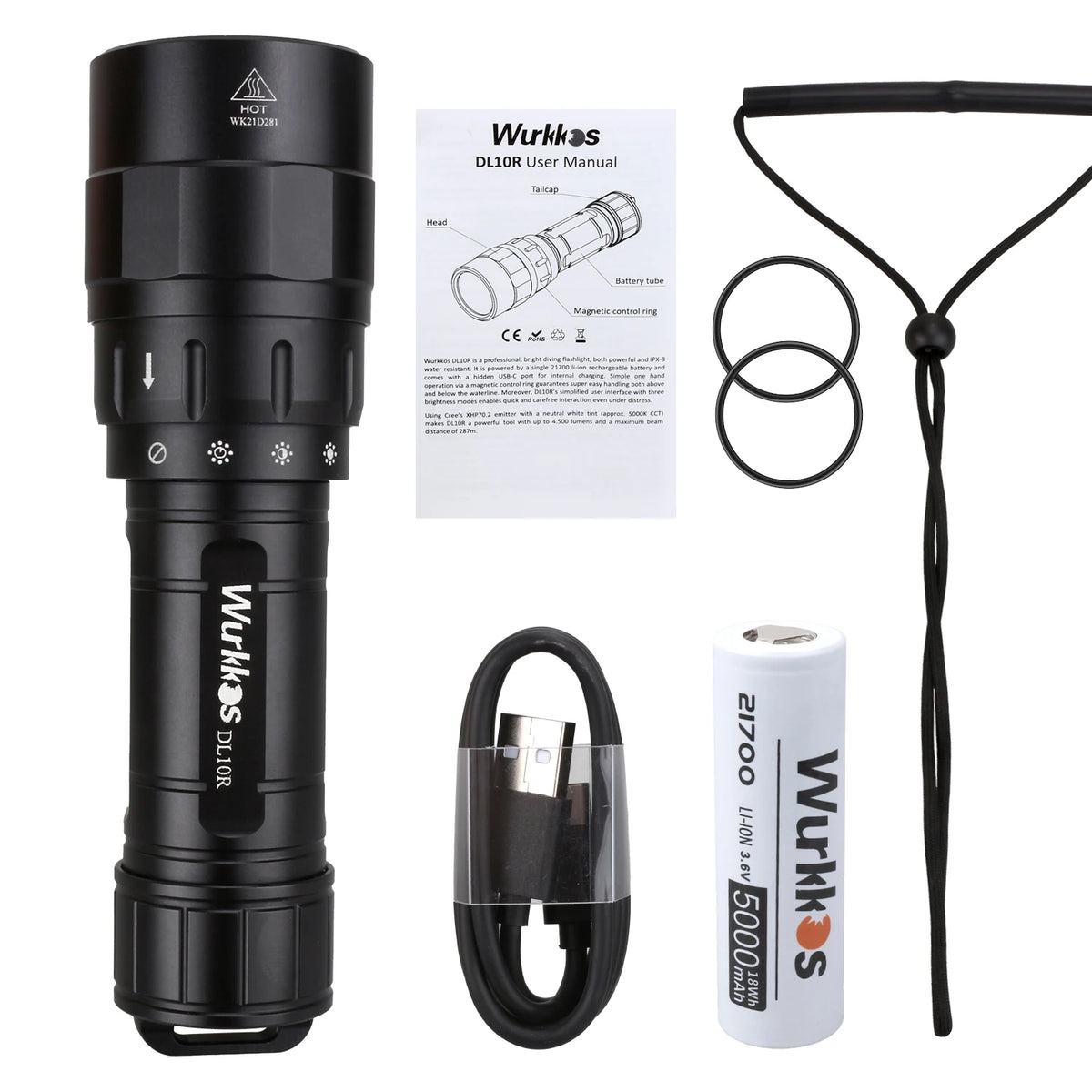 torche plongée led 4500lm rechargeable usb interrupteur rotatif 21700 batterie accessoires