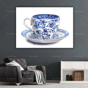 toile imprimée tasse thé bleu blanc motifs floraux oiseau stylisé 50x70cm 40x50cm 30x40cmintérieur contemporain