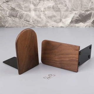 support livres bois marron métal noir moderne minimaliste grain visible surface mate deux trombones