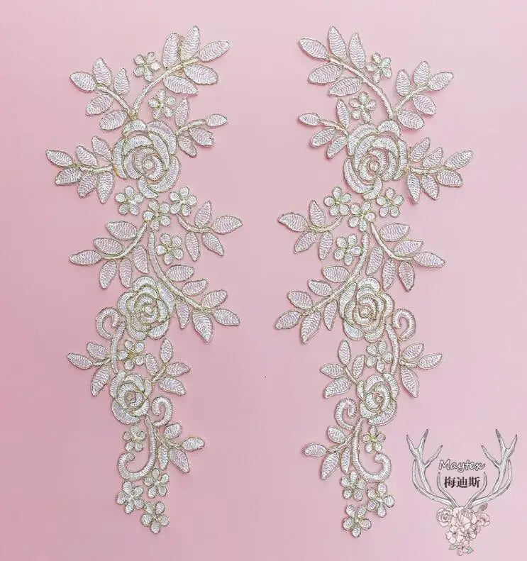 applique textile dentelle florale rose clair brodée opalique fine 14x35cm echangetable