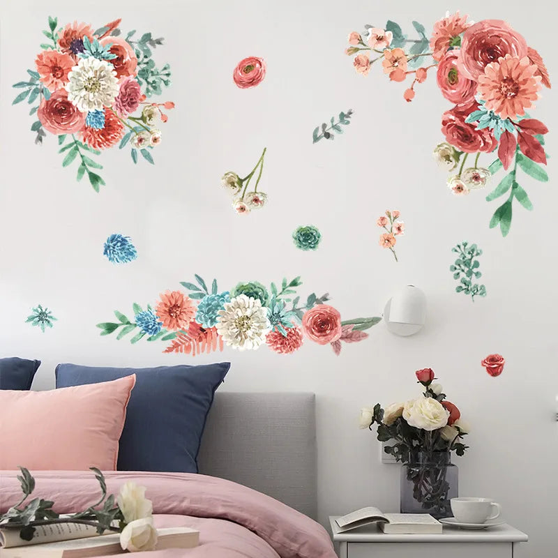 sticker mural fleurs art floral adhésif rose blanc vert bleu 30cm 90cm 68cm 50cm