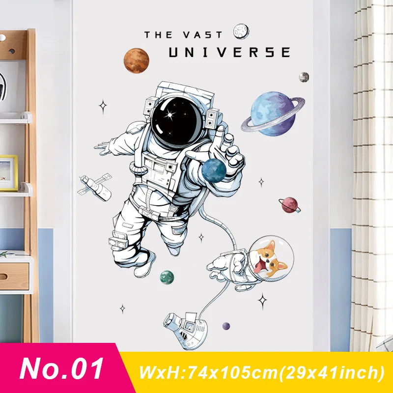 sticker mural astronautes planètes vaisseau spatial chambre enfant décoration mur illustration cartoon