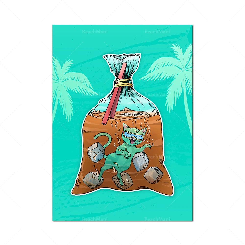 Sac de sable rempli de divers objets et créatures sous-marins sur fond de palmiers.