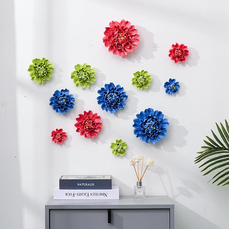 décor mural moderne fleurs artificielles rouge vert bleu adhésif 3d nature morte