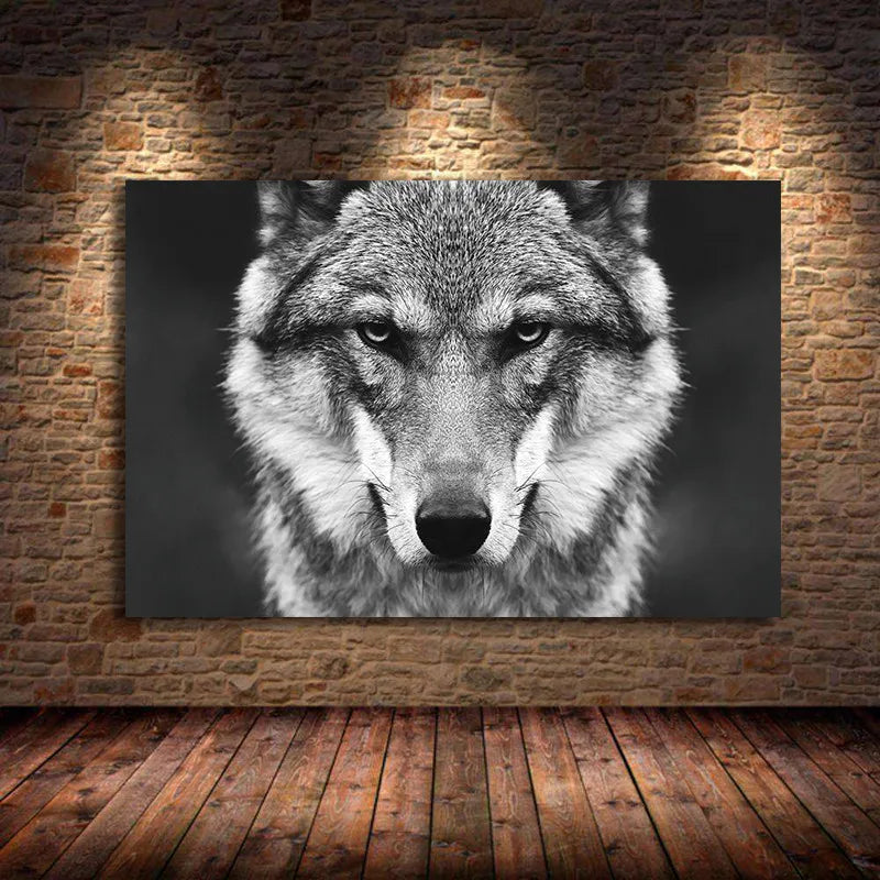 peinture toile loup réaliste sans cadre gris noir decoration maison chambre vertical