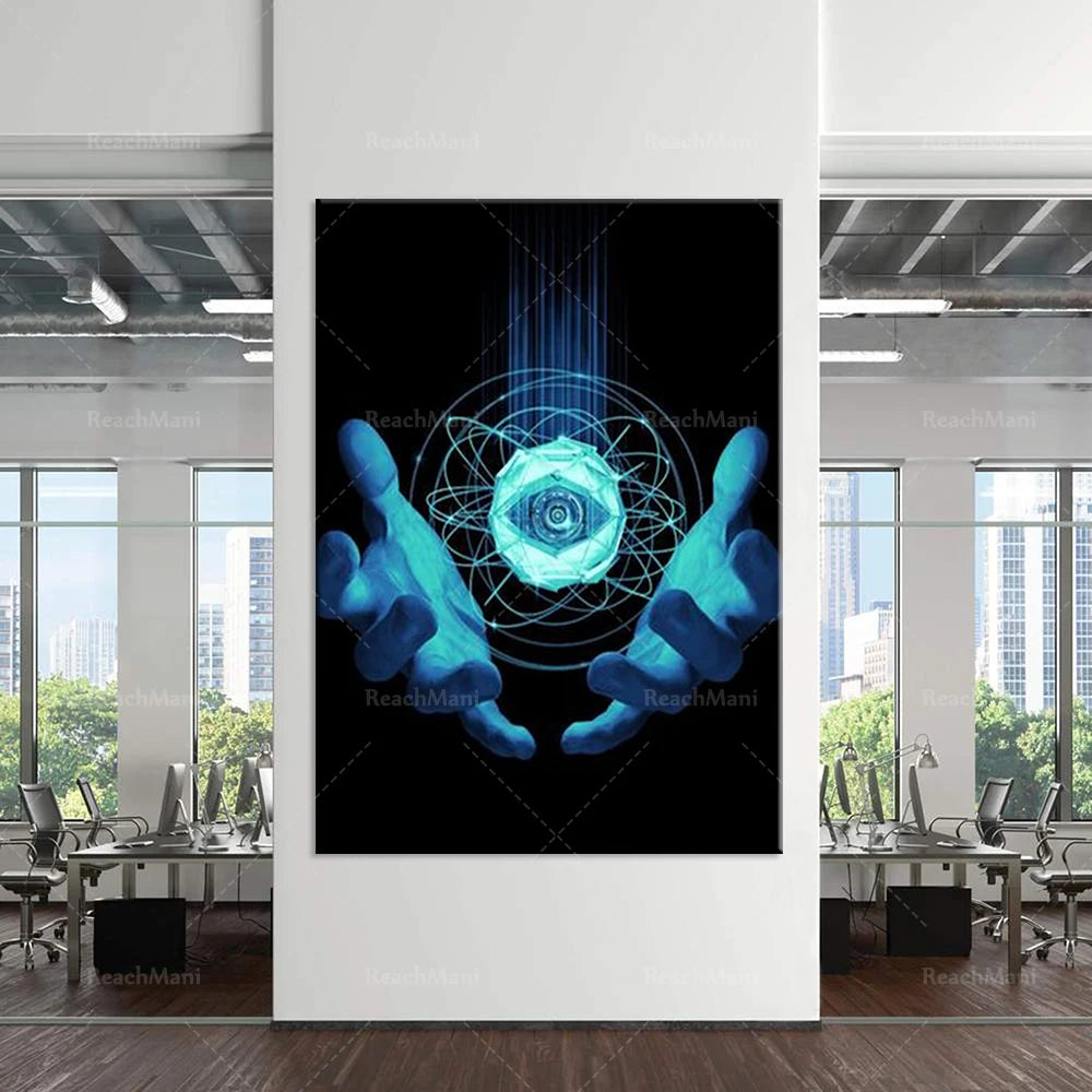 L'image représente une représentation abstraite et symbolique avec des mains bleues tenant un orbe lumineux entouré de motifs géométriques complexes sur un fond noir, évoquant des concepts ésotériques et mystiques.