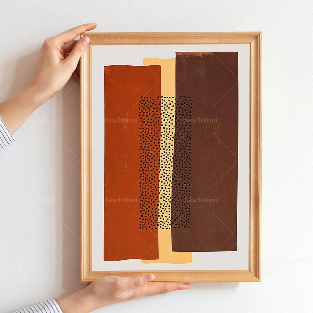 Cette composition abstraite utilise des formes géométriques, des motifs de points et des couleurs chaudes pour créer une œuvre d'art visuelle captivante.