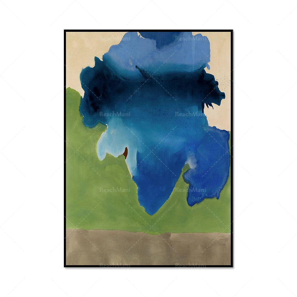 Une composition abstraite de formes et de couleurs bleu foncé, vert clair et brun sable, créant une impression de paysage apaisant et harmonieux.