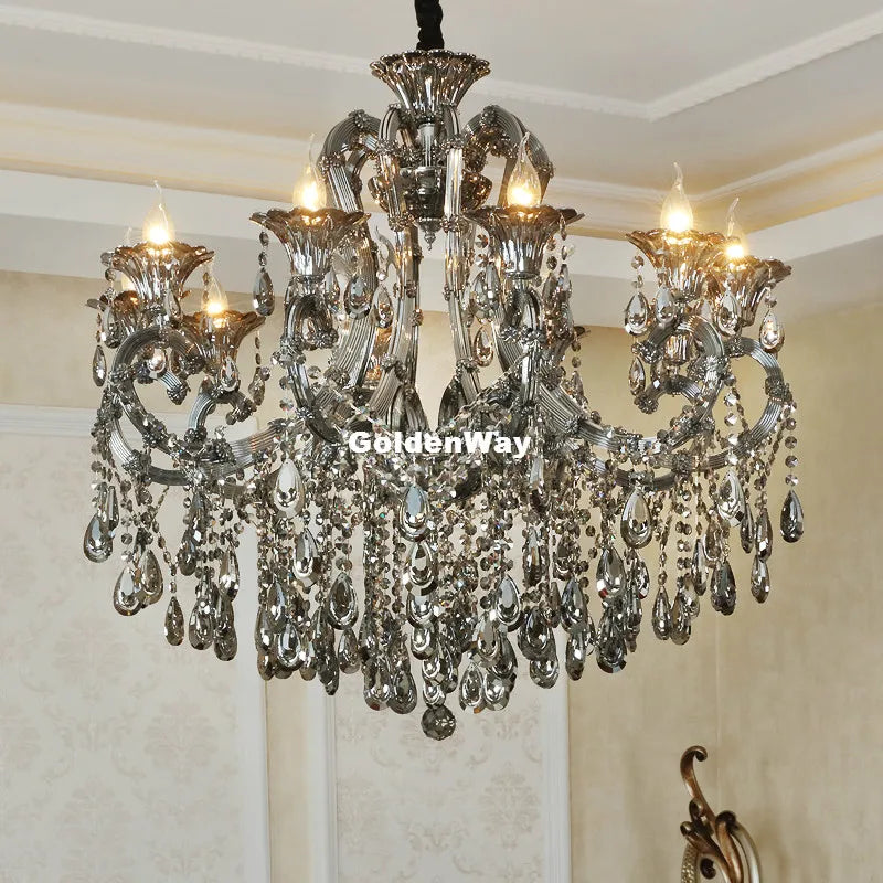 lustre baroque argenté transparent strass 2ampoules 10pendants cristal semi encastré