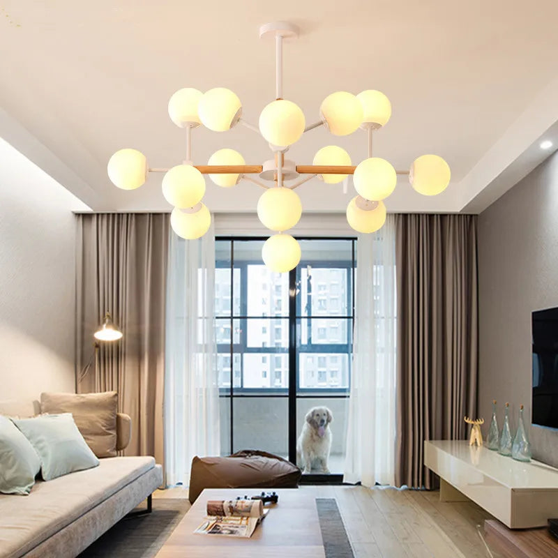 Suspension lumineuse moderne bois boules translucides LED blanc fixations passe câbles blanc