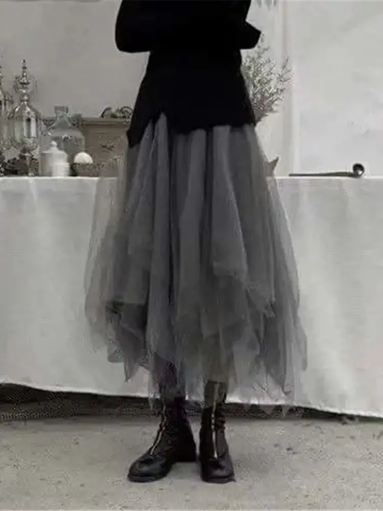 jupe tulle gris plissée fine élégante femme printemps opaques contemporaine mi mollet