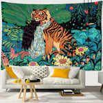 tapisserie murale animaux jungle tigre fleurs mystérieuses multicolore vert orange noir blanc decoration chambre