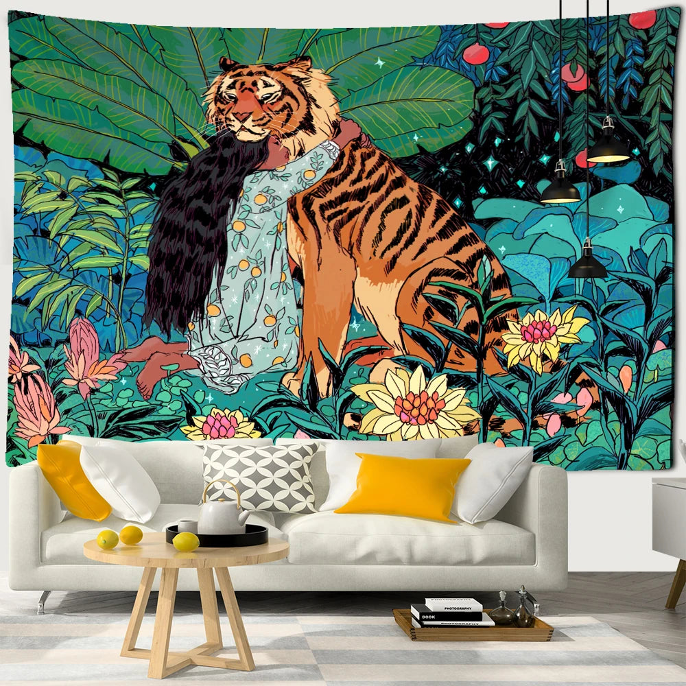 tapisserie murale animaux jungle tigre fleurs mystérieuses multicolore vert orange noir blanc decoration chambre