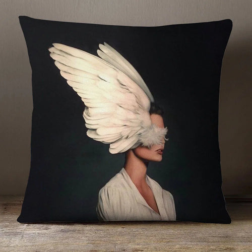 coussin carré décoratif portrait artistique plumes papillon canapé maison gris noir bleu foncé
