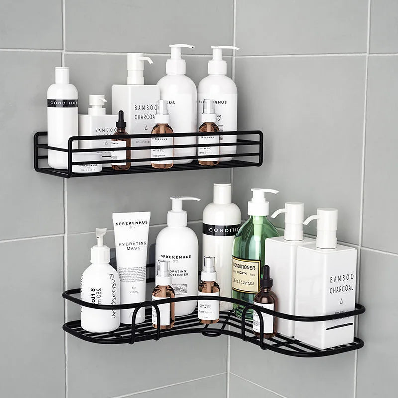 étagère salle bain moderne adhésive noir grille métallique rangement bouteilles cosmétiques flacons pots boîtes