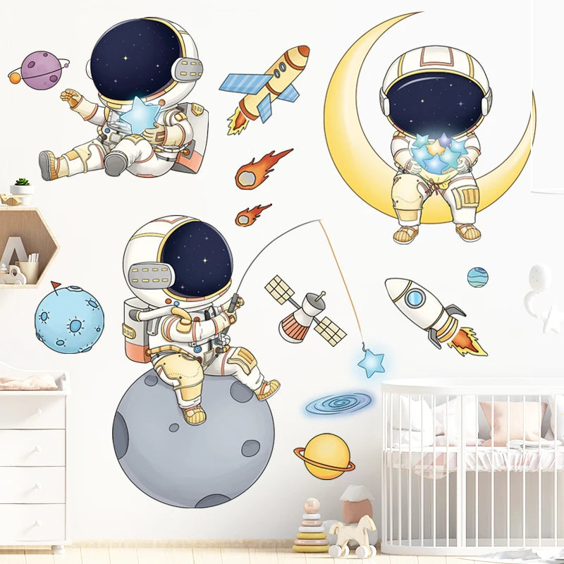 sticker mural astronautes planètes vaisseau spatial chambre enfant décoration mur illustration cartoon