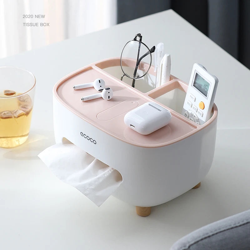 boîte mouchoirs multifonctionnelle blanc moderne rangement compartiments réutilisables respectueux environnement minimaliste pieds simples