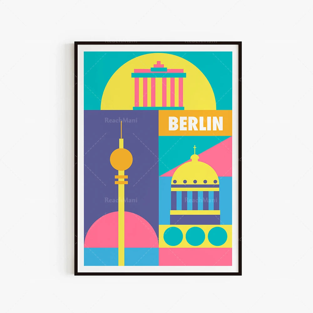 Affiche graphique contemporaine représentant les principaux monuments et symboles emblématiques de la ville de Berlin, avec un style coloré et géométrique.