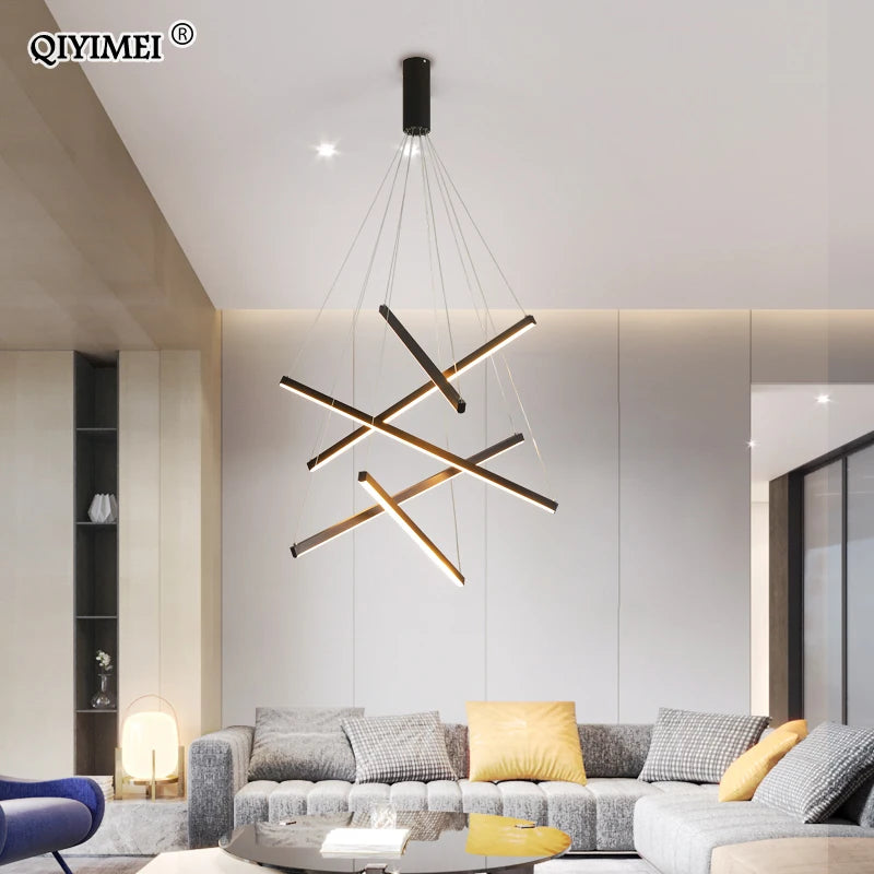 suspension lumineuse moderne noir led barres géométriques minimaliste télécommande