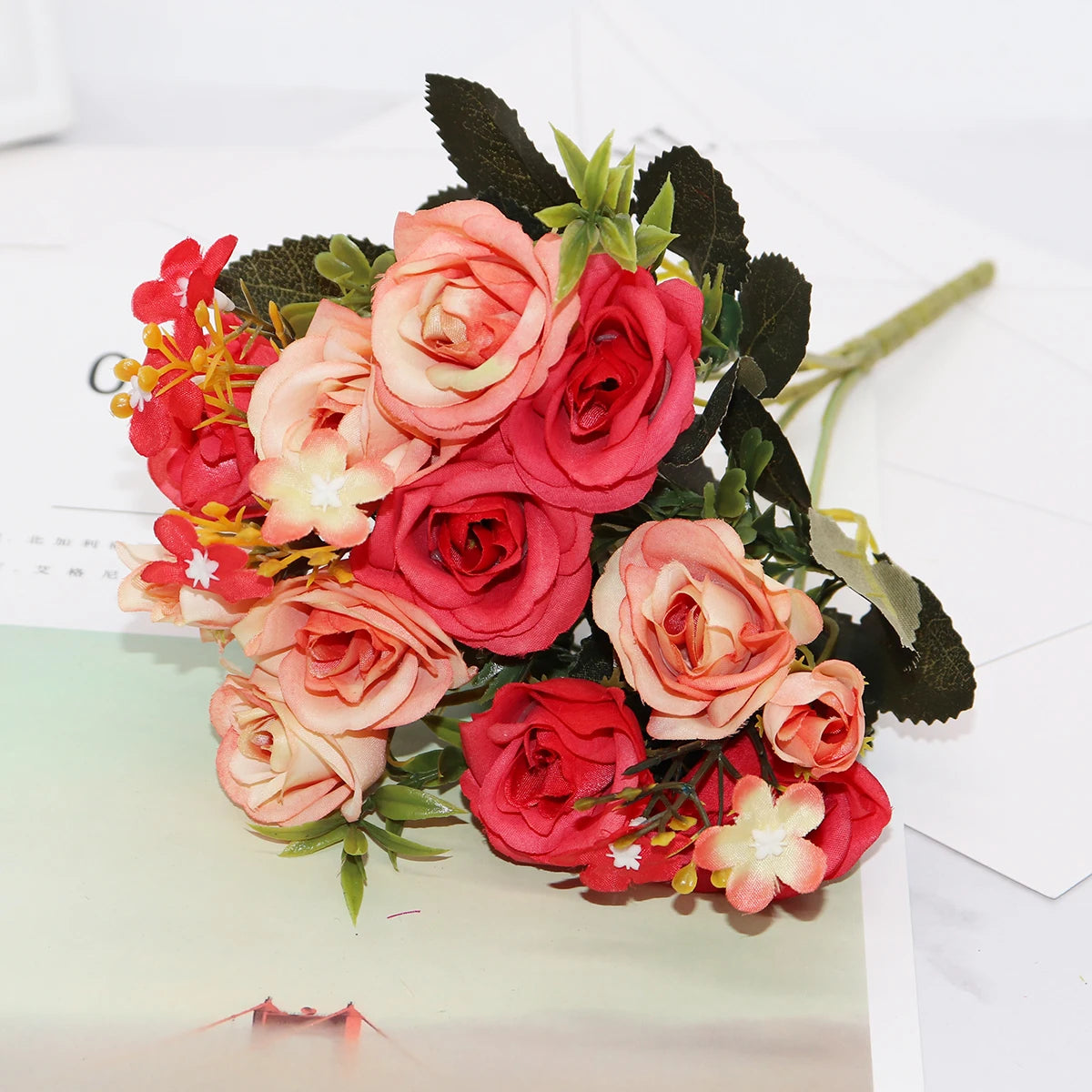 fleur artificielle rose thé soie bouquet rouge blanc décoration mariage maison jardin