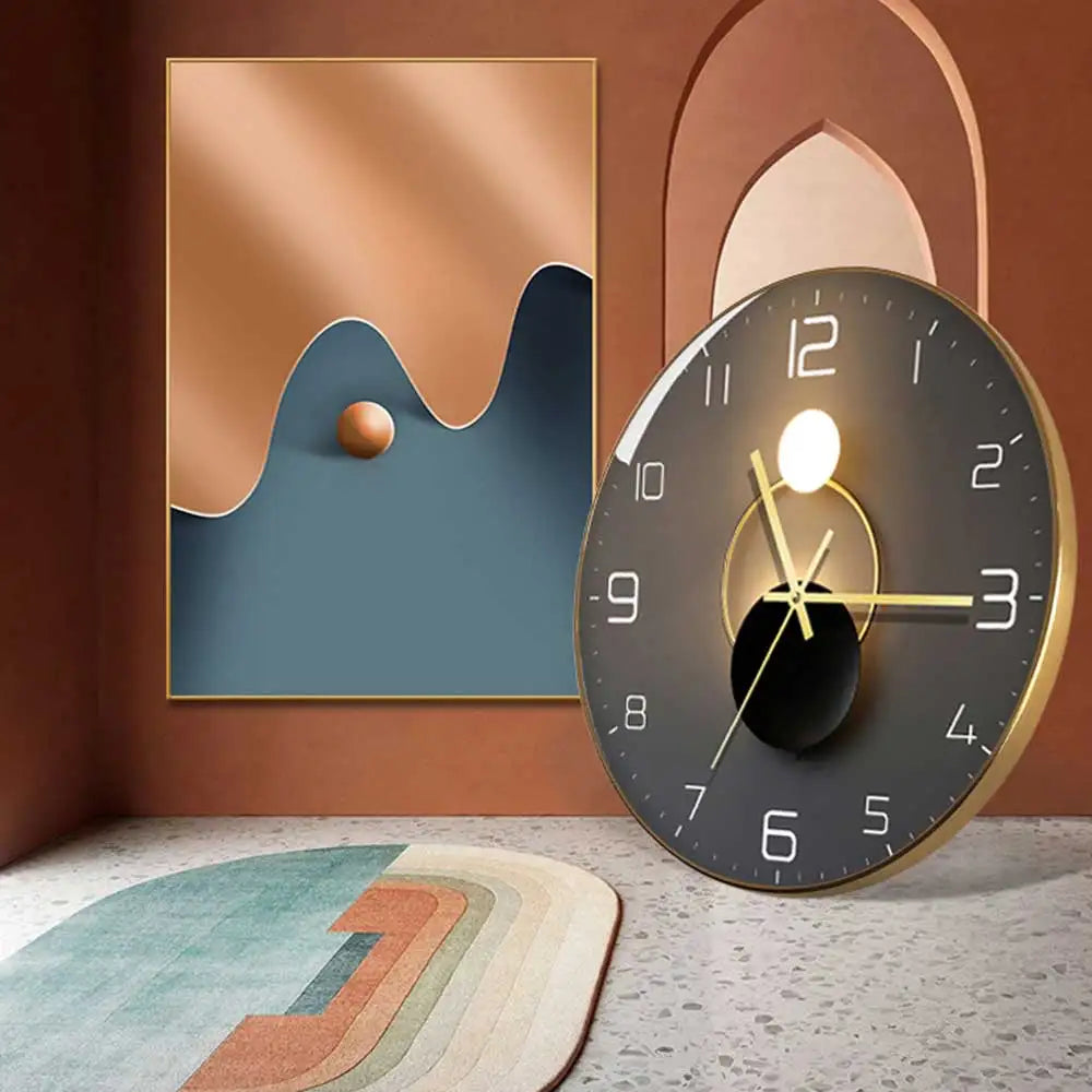 horloge murale moderne abstraite géométrique unique verre transparent aiguille quartz or gris bleu marine