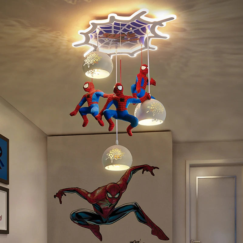 suspension lumineuse enfantine rouge bleu spiderman figurines toile araignee moderne