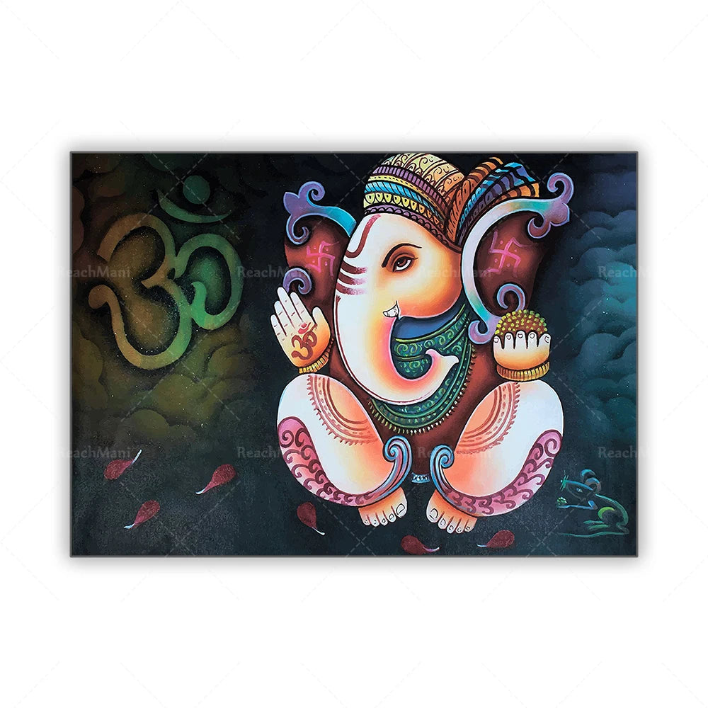 Une image colorée représentant une divinité hindoue avec des motifs ornés et des symboles spirituels sur un fond sombre.