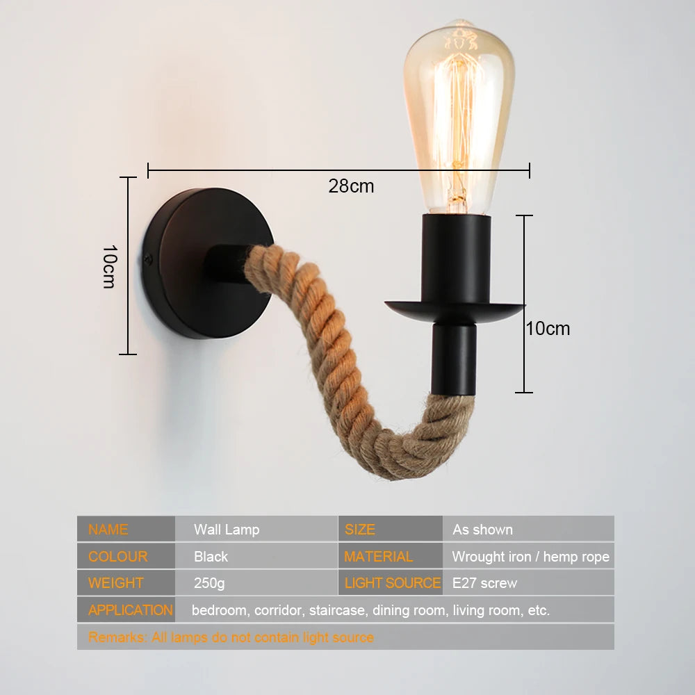 lampe murale industrielle vintage noire ampoule E27 corde métal cuisine salle manger
