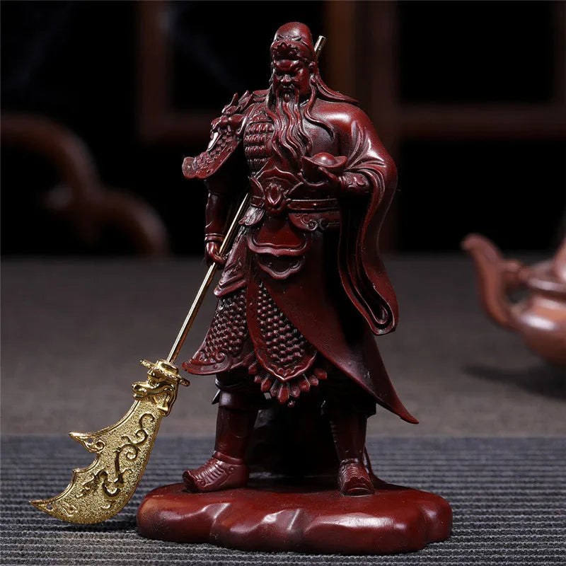 statue bouddha guan gong bronze armure historique décoration maison épée dorée résine feng shui