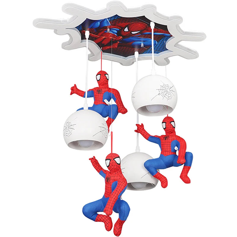 suspension lumineuse enfantine rouge bleu spiderman figurines toile araignee moderne