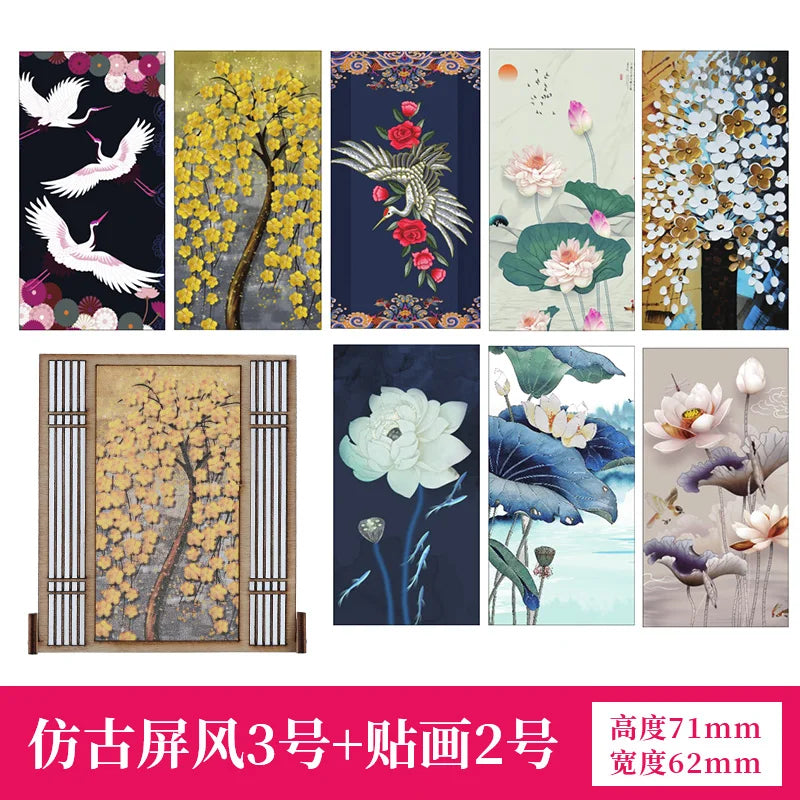 écran vintage bois chinois fleurs calligraphie stickers traditionnel intérieur décoration artisanale miniature