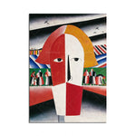 Une œuvre abstraite composée de formes géométriques colorées et de personnages stylisés dans un paysage de collines.