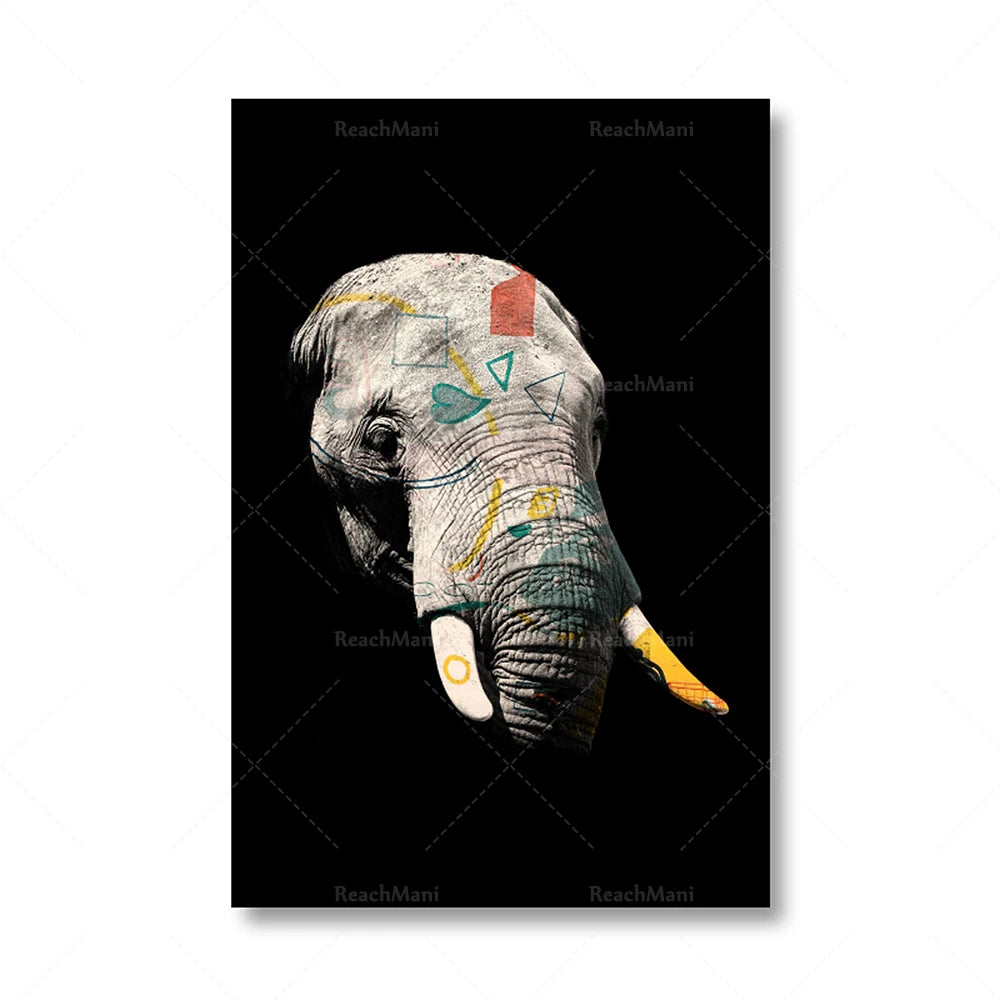 Une élégante silhouette d'éléphant, richement ornée de motifs colorés, se détachant sur un arrière-plan sombre.