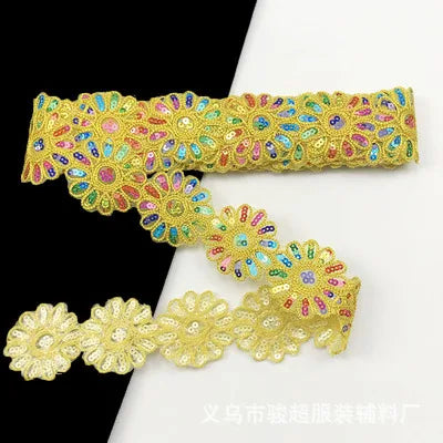 ruban décoratif fleurs strass brodé polyester rose bleu orange jaune marron opacité 6cm large