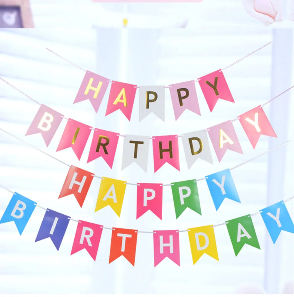 guirlande festivités anniversaire fanions lettres happy birthday couleurs rose bleu vert festive