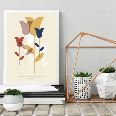 Une composition de tulipes aux teintes douces et éclatantes, rehaussées par une citation de William Shakespeare, évoque la beauté des fleurs et la joie qu'elles apportent.