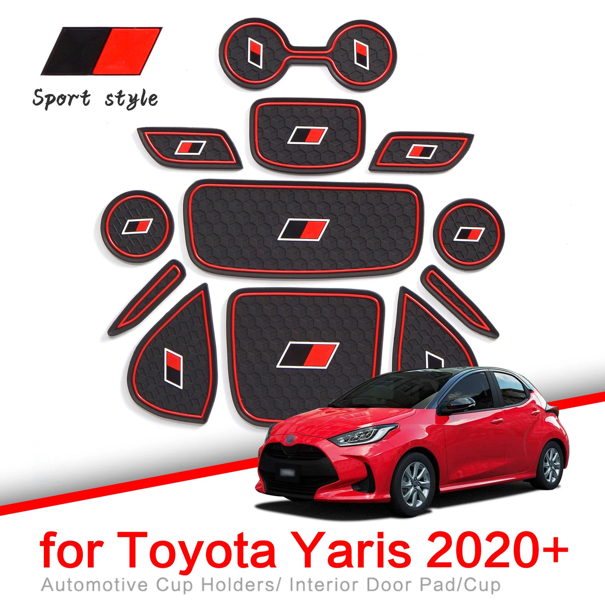 porte verre voiture sport adhésif noir rouge hexagone logo tapis coupe antidérapant pvc