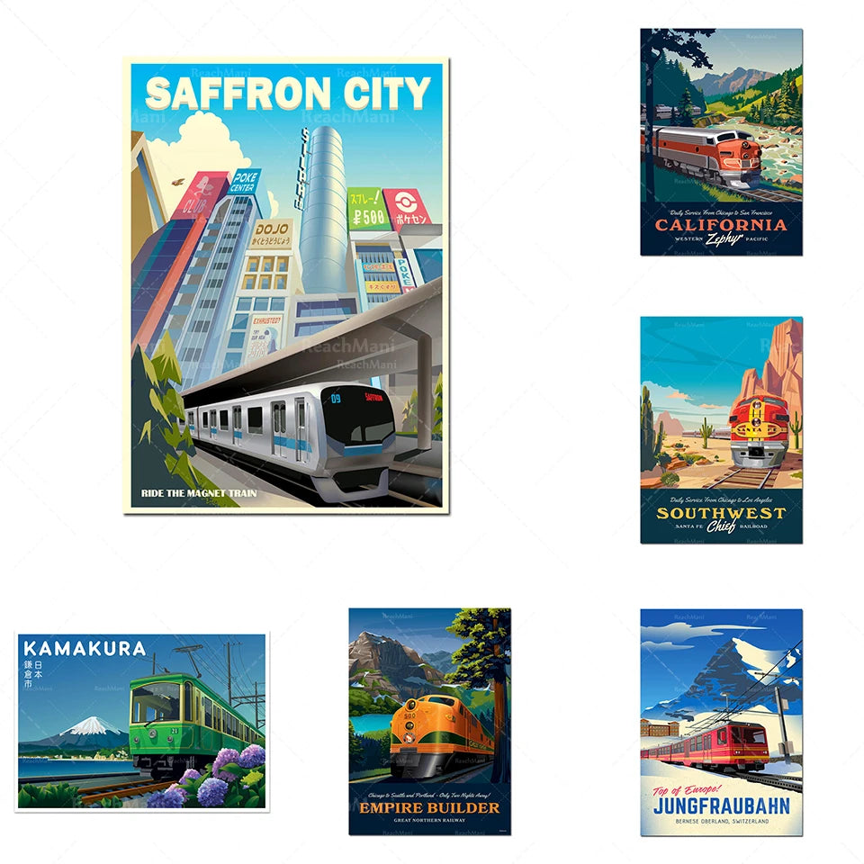 Cette collection d'affiches de voyage vintage met en scène des trains parcourant des paysages pittoresques, reflétant la beauté de différentes destinations comme Saffron City, la Californie, le Sud-Ouest, Kamakura et la Jungfraubahn.